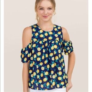 Francesca’s Lemon Print Open Shoulder Top Blouse